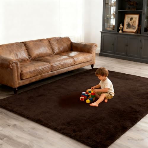 Grand tapis de salon 150 x 270 cm marron moelleux et extra doux pour canapé - 7
