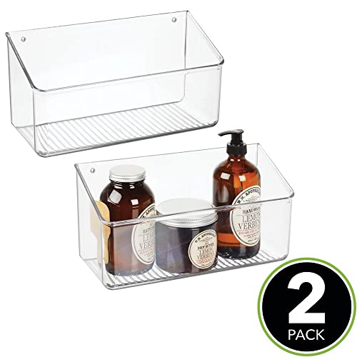 Mdesign Plastic Wall Mount Organizer - 12" Wide Hanging Caddy For Home Storage - Angled Mountable Container Bin For Dorm, Bathroom, And Office - Phone Holder Basket - Ligne Collection - 2 Pack -Clear #TOP1