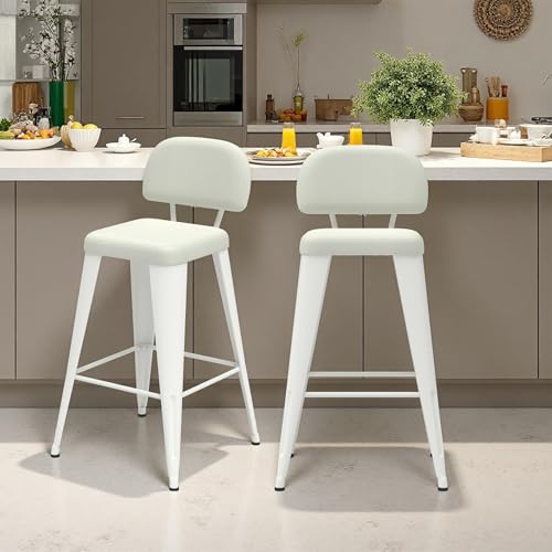 Image of 24 Inch Metal Bar stools Set of 2, Upholstered Bar Stools with Removable Back & Metal Legs, Industrial Barstools for Kitchen Island, Cafe (Beige Seat, White Legs)