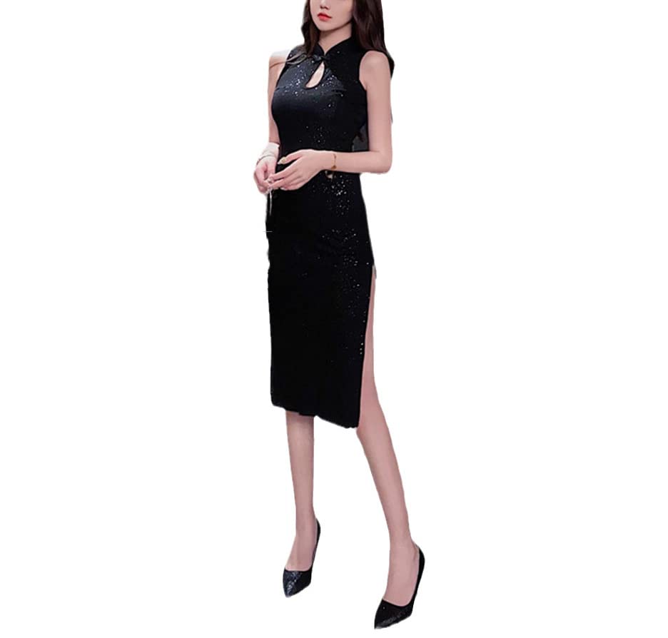 Robe chinoise élégante KEHAIOO noire en taille L pour femme