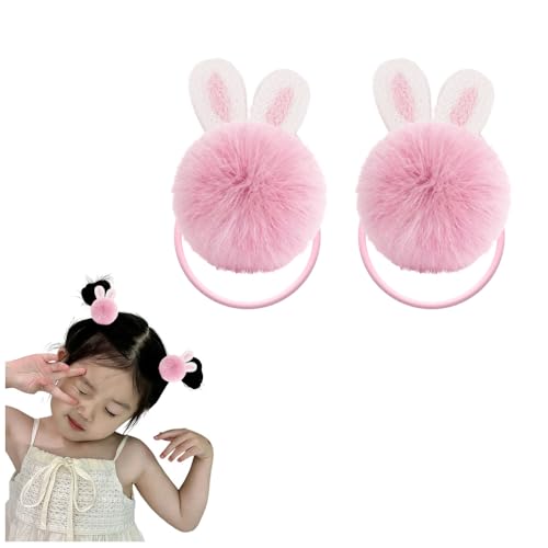 Pom Pom Bunny Ears Hair Ties Pink Easter Bunny Ears Hair Scrunchies Plush Rabbit Ear Hair Elastics Rubber Bands Fluffy Ball Ponytail Holders Easter Stuff Basket Gift Girls 2 PCS