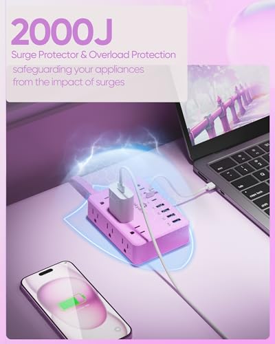 Image of Purple Power Strip with 6 AC 8 USB 2000J Surge Protector 5ft Flat Plug | 4 USB C with 2000J Surge Protector Purple Extension Cord kawaii gift, Compact for Desk Home, Office, Dorm