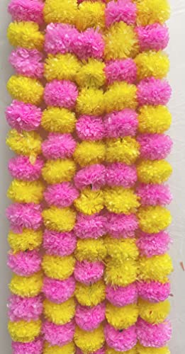 Image of SPHINX Artificial Marigold Fluffy Flowers Garlands for Decoration - Pack of 5 (Yellow and Baby Pink)