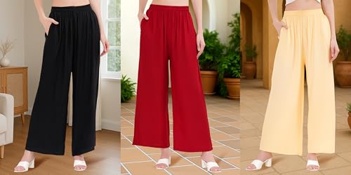 Image of Buy That Trendz Palazzo Pants for Women Rayon Elasticated Regular Fit Flared Wide Leg M to 6XL Pack of 3