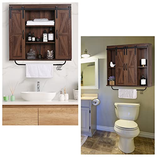 Rustown Rustic Wood Wall Storage Cabinet With Two Sliding Barn Door, 3-Tier Decorative Farmhouse Vintage Cabinet For Kitchen Dining, Bathroom, Living Room, Dark Walnut #TOP6