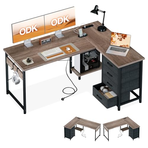 ODK Escritorio Esquinero con Cajones, 135×100 cm Escritorio en L con Enchufes y Puerto de Carga USB, Escritorio Esquina Reversible con Almacenamiento para Oficina en Casa, Roble Gris
