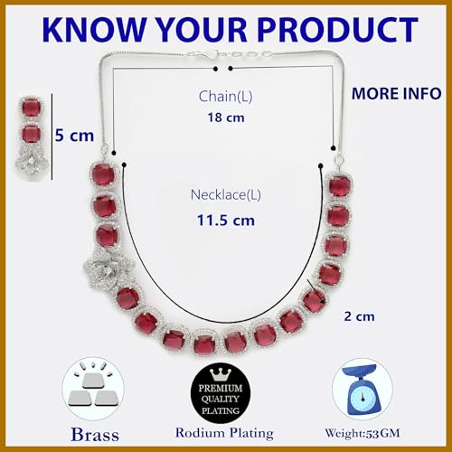 Image of ZENEME Jewellery Set Classic Style Rhodium Plated AD /American Diamond Studded Silver Plated Bejeweled Rose Necklace Jewellery Set for Women & Girls