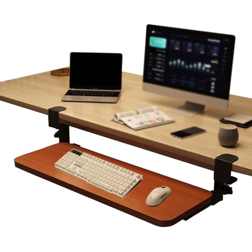 スライド式トレイ、人間工学に基づいた引き出し式トレイ、 コンピューターデスクキーボードトレイ、引き出し式キーボードマウス収納引き出しホルダー(Teak,52*24Cm)