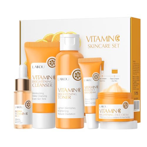 Vitamina C Skincare Kit, Kit Regalo Mujer, Set de Cuidado Facial Mujer con Vitamina C, 5 piezas Limpiador Tónico Suero Crema para Ojos Crema Facial Esencia, Nutre e Hidrata el Rostro