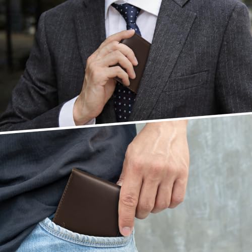 Image of Chelmon Genuine Leather Slim Wallet for Men ID Window with RFID Blocking Minimalist Mens Front Pocket Bifold Bussiness Card Holder Gift for Men, Craze Horse Brown