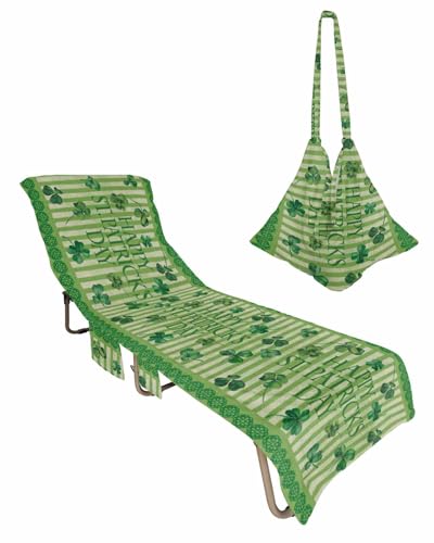 St. Patrick's Day Beach Lounge Chair Towel Cover, Soft Chaise Lounge Towel with Side Pockets Patio Pool Chairs Cover for Beach/Pool Sunbathing 29x85 Green Lucky Clovers Green Striped