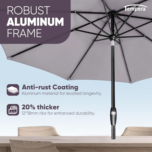 Image of Tempera 9ft Patio Market Outdoor Table Umbrella with Auto Tilt and Crank, Large Sun Umbrella with Sturdy Pole & Fade Resistant Canopy, Easy to Set, Grey