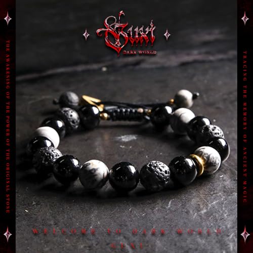 GUXI-Phantom Night Obsidian Mens Bracelet with Adjustable Rope Gemstone Beads Handmade Lava Rock Protection Bracelet Stainless Steel Bracelet Gifts for Men2
