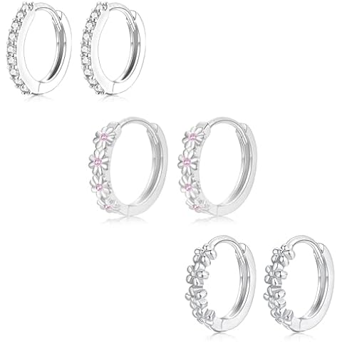 EPIRORA Sterling Silver Earrings for Women, 3 Pairs 14K White Gold Plated Cubic Zirconia Huggie Hoops Pearl Hoops Set, 8mm 10mm 12mm Small Tiny Cartilage Earrings Cover