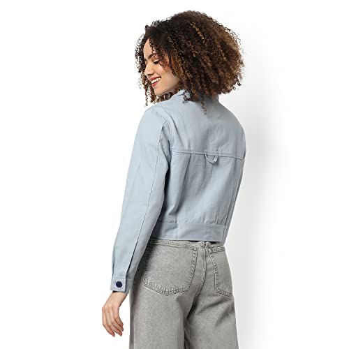 Image of Campus Sutra Women Blue Regular Fit Denim Jacket For Winter Wear | Collared Neck | Full Sleeve | Buttoned | Casual Jacket For Woman & Girl | Western Stylish Jacket For Women