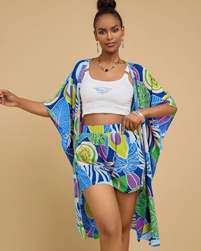 Bsubseach Two Piece Sets for Women Summer Kimono Cardigan and Shorts Set Tropical Print Beach Cover Up Vacation Outfits4
