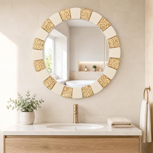 Image of Saliwa 27 Inch Round Bathroom Mirror, Wood Framed Wall Mirror, Rustic Farmhouse Round Mirror for Vanity, Entryway, Living Room, Bedroom and Hallway