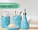 Designer - 4 Piece Bathroom Accessories Set - with Soap or Lotion Dispenser, Toothbrush Holder, Tumbler and Soap Dish - Glossy Finish - Porcelain (Ocean Waves, Aqua Blue) Holds 15.6oz
