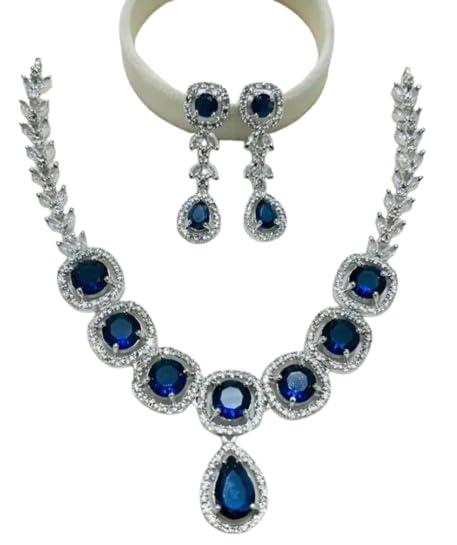 Collar de lujo de zafiro azul y aretes de gota chapados en plata para joyería de boda