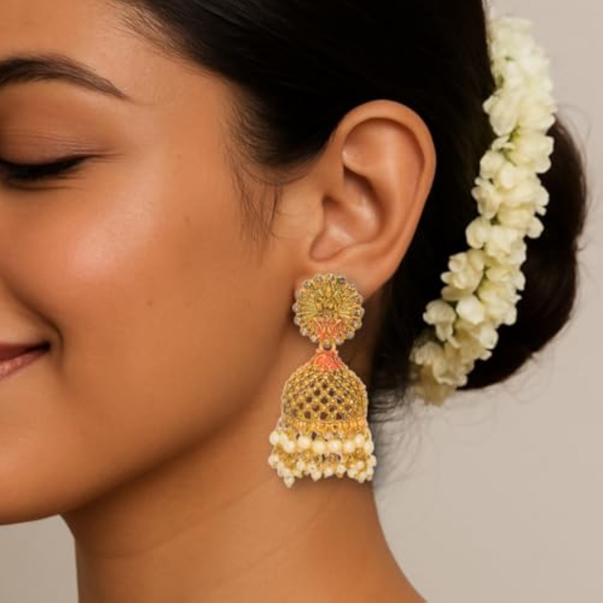Antique Goddess Lakshmi Jhumka Earrings with Pearl Drops