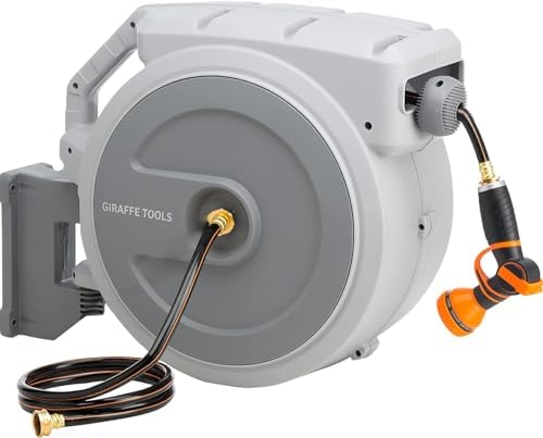 Giraffe Tools 5/8'' Retractable Garden Hose Reel 90FT Wall Mounted, Heavy Duty, Auto Rewind System, Any Length Lock, 180° Swivel Bracket with 9 Pattern Nozzle, Light Grey