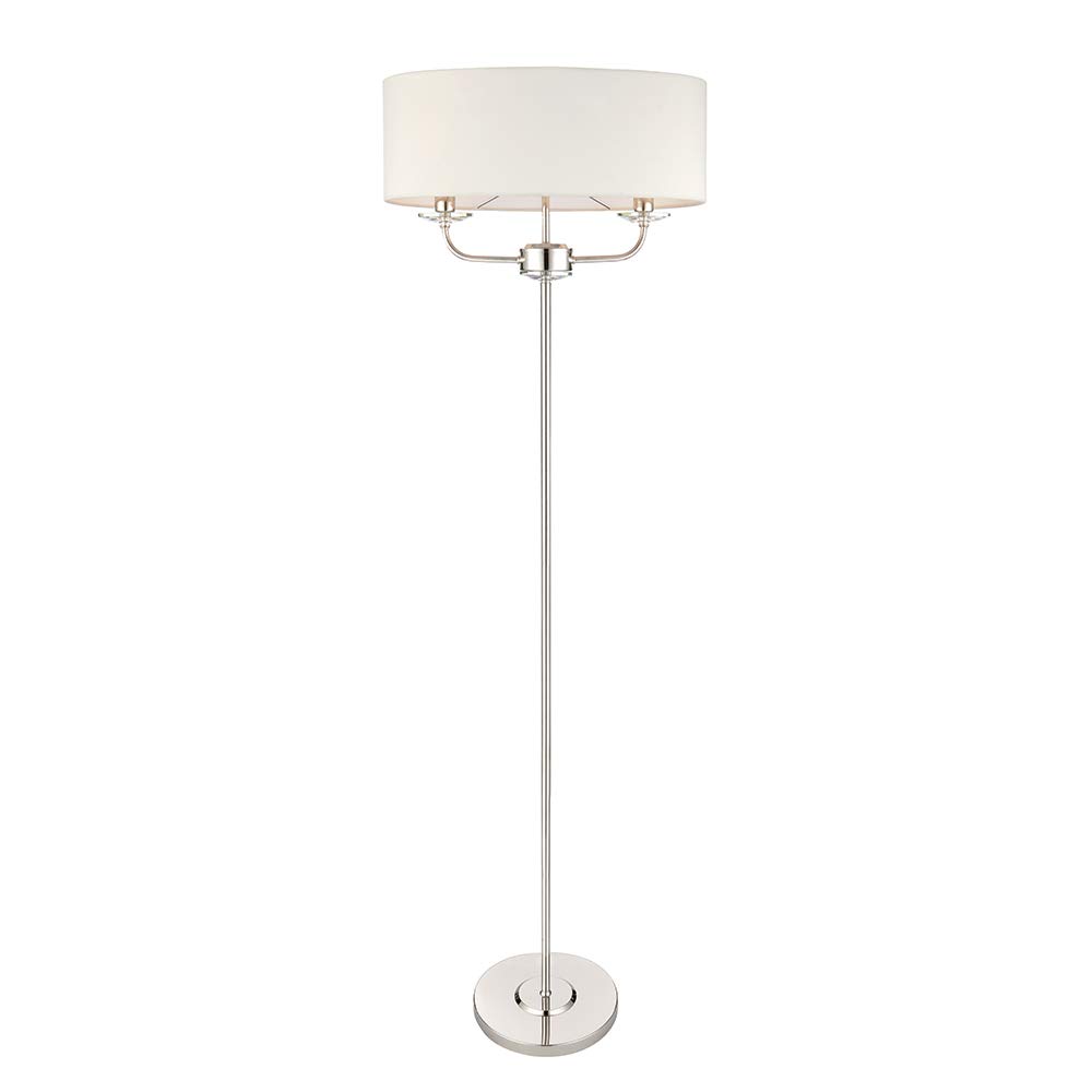 National Lighting Kennedy Modern Bright Nickel Standing Floor Lamp with Crystal Glass Detail and White Fabric Shade