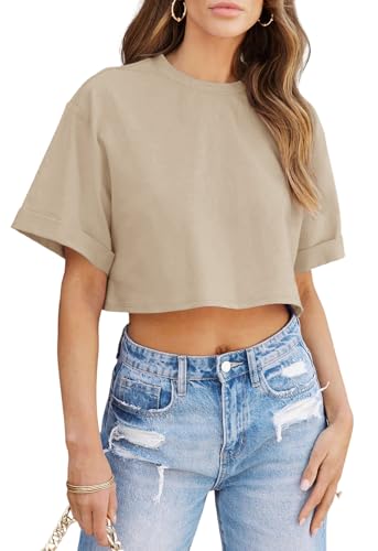 Image of Tankaneo Women Crop T-Shirts Half Sleeve Drop Shoulder Cropped Tops Y2K Casual Summer Basic Tees