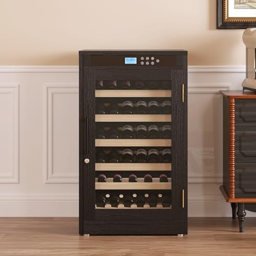 Image of KEIKI Freestanding Wine Refrigerator with Wood Cabinet, 69 Bottle Single Zone Wine Cooler, Humidity Control Tempered Glass Door, LED Light Lockable Pull-Out Shelves, for Home Bar Dining, Black