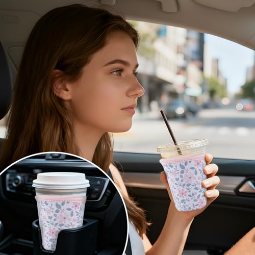 Image of 3 Packs Reusable Iced Coffee Sleeves - Flower Neoprene Cup Sleeve for Hot and Cold Drinks, Insulated Drink Sleeve for 16-32oz Soda Cans Beverages Water Bottles, Christmas Gift for Friends