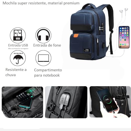 Mochila Executiva de Viagem ou Escolar, Compacta Super Reforçada com USB e anti furto, Preta (AZUL)