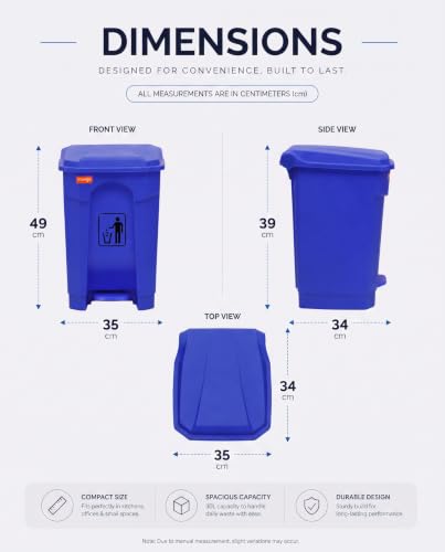 Image of pedal dustbin with lid, heavy duty plastic garbage bin, hands-free step-on waste bin for kitchen, office, home, hotel, bathroom & outdoor use (Blue, 35 Liters)