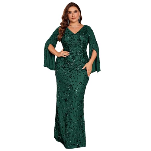 Image of Plus Size Formal Dresses for Women with Embroidery Sequin and Cape Sleeve, V-Neck Maxi Dress for Wedding and Party