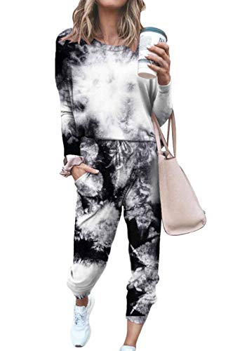 Women's Tie Dye 2 Piece Outfits Long Sleeve Pullover Tops and Drawstring Sweatpants Sweatsuits Lounge Sets Black and White M