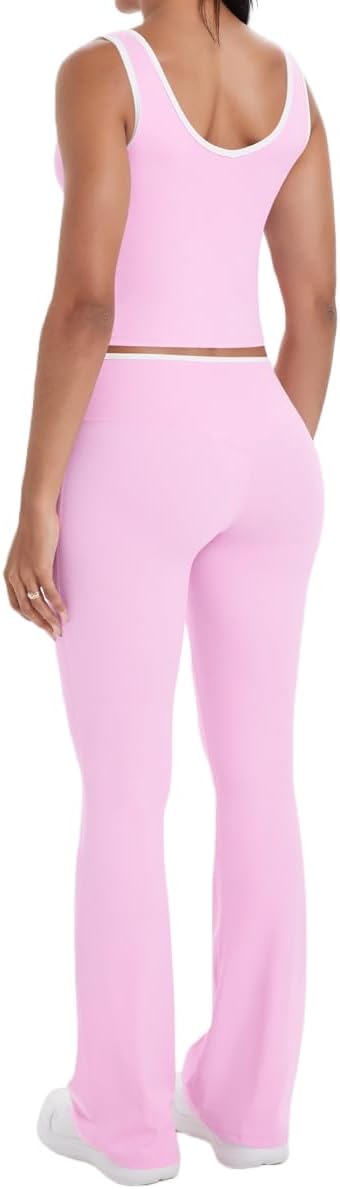 Womens Workout Sets 2 Piece Matching Gym Yoga Outfits Colorblock Crossover Flare Leggings Athletic Crop Tank Top