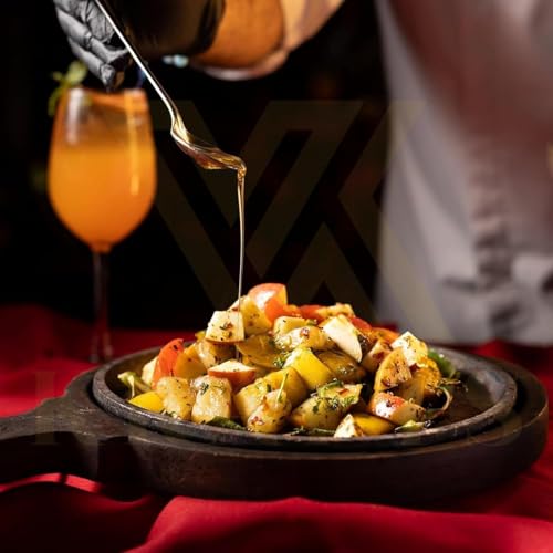 Image of REMARKABLE Iron Sizzler Plate with Wooden Base | Small Dessert Round Serving Platter with Handles | Brownie Sizzler Tray for Cake | Sizzling Brownie Plate |Hot Sizzling Plate | 5 inch Qtr. Size |Set of 3
