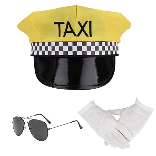 RmKbe Costume de chauffeur 3 pièces - Chapeau de taxi jaune - Lunettes de soleil - Gants de pilote - Casquette de pilote - Accessoires d'Halloween et de cosplay pour homme et femme