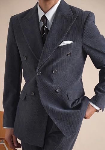Mens Suits 2 Piece Retro Corduroy Dress Suit Double Breasted Prom Tuxedos Jacket Pants Set3