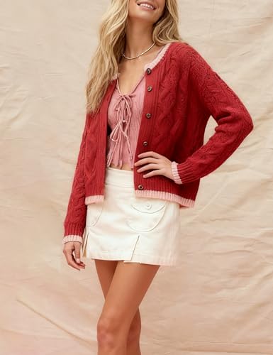 Watashi Long Sleeve Sweater for Women Casual Button Up Colorblock Cable Knit Round Neck Fall Winter Cardigans Coats4