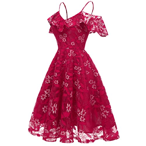 Image of IWEMEK Women Spaghetti Strap Floral Lace Bridesmaid Cocktail Party Dress Cold Shoulder Ruffle Sleeve Wedding Guest Prom Dress
