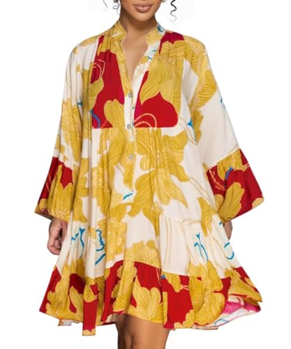 knowfashionstyle Womens Dresses 2025 Fall Boho Floral Button V Neck Tunic...
