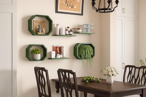 Image of Wall Mounted Floating Shelves Set of 6, Multipurpose Display, Book, Storage & Decor Shelves, Octagon Shape Wooden Wall Shelf for Living Room, Bedroom, Kitchen (Green)