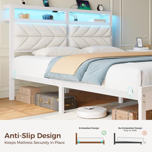 Image of Seventable Bed Frame Twin Size with Charging Station, LED Bed with Upholstered Storage Headboard, Metal Platform Bed with Under Bed Storage, No Box Spring Needed, Noise Free, Easy Assembly, White