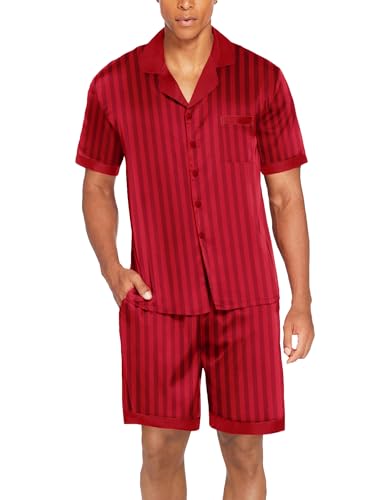 Image of Ekouaer Mens Satin Pajamas Set Button-Down Short /Long Sleeve Shirt Top Soft Silk Sleepwear Loose Pocket Pant Loungewear