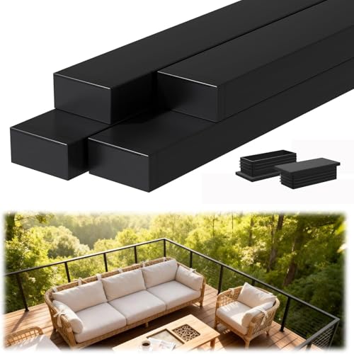 Image of Modular 4Pack 12FT Stainless Steel T304 Black Handrail for Cable Railing with Nylon End Cap Kits, 2.36 inch W x 1.18 inch H Cuttable Flat Handrail Rectangular Top Rail for Stair Railing Indoor Outdoor
