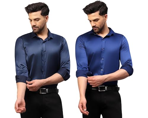 Image of DEELMO Combo of Men's Stylish Solid Satin Casual Shirt for Men Full Sleeves| Poly Satin Silk Shirt Pack of 2