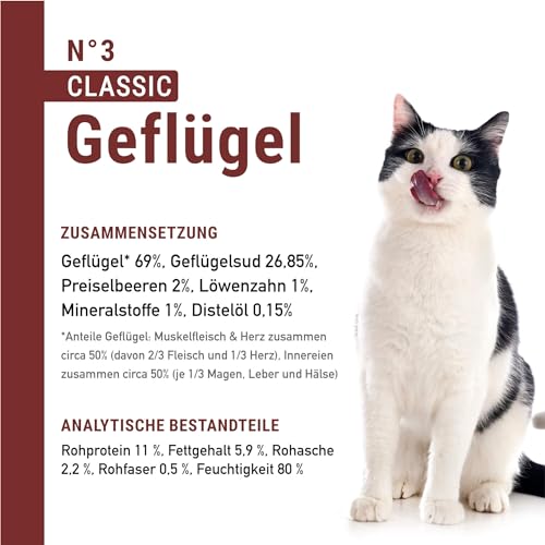catz finefood N° 3 Geflügel Feinkost Katzenfutter nass, verfeinert mit Preiselbeeren & Löwenzahn, 6 x 400g Dosen