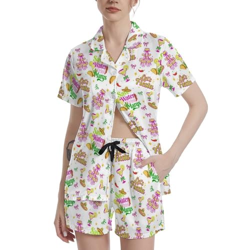 Image of Funny Satin Pajamas Set for Women Button Down Sleepwear Print Pjs Set 2 Piece Short Sleeve Loungewear Gift for Women