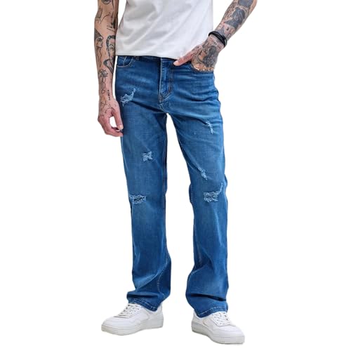 Image of SNITCH Men Jeans Casual Wear | Straight Fit Mid Rise Solid Pattern | Comfortable Cotton Blend with Medium Stretch for All Seasons