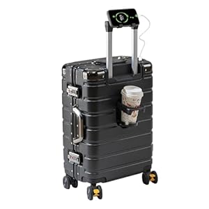 EclatVivid Luggage with USB & Type-C Charger Aluminum Frame Carry On Suitcase, 20 Inch Carry On Luggage, PC Hard Shell Suitcase with USB Charger, Cup Holder(Black, 20 inch)