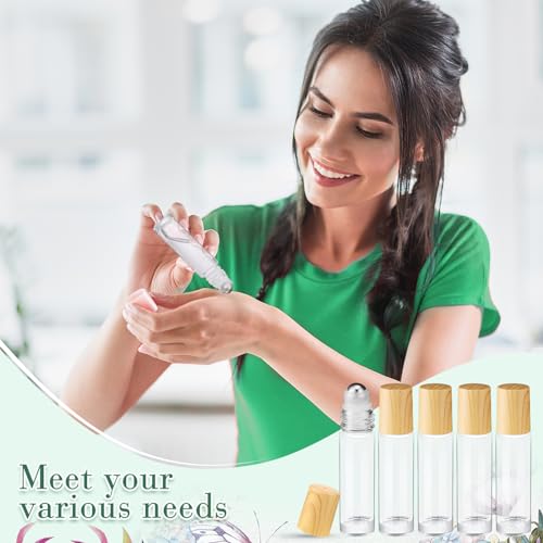 Image of Sumind 150 Pcs Essential Oil Roller Bottles 10 ml Glass Roller Bottles with Stainless Steel Roller Balls Empty Bottles Leak Proof Roll on Bottles with 5 Funnel for Travel Essential Oil (Clear, Wood)